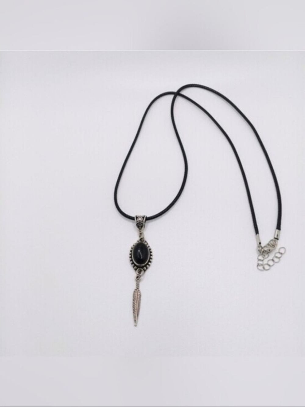 Elegant Silvertone Native American Black Onyx Cord Necklace